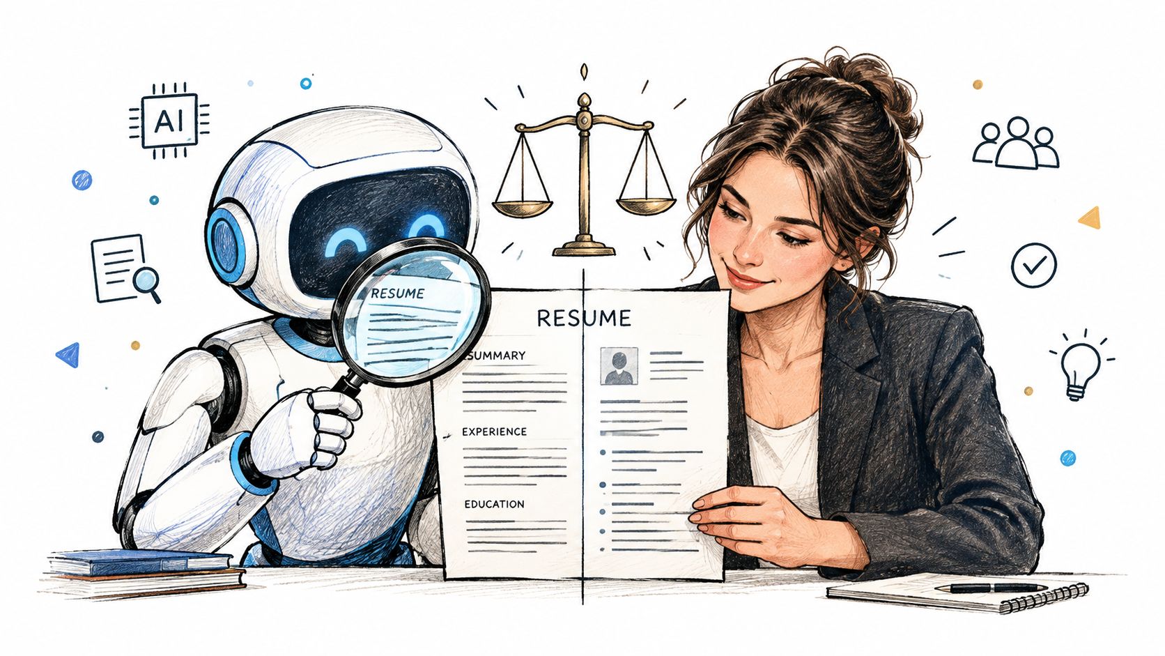 Ein Roboter und eine Frau betrachten gemeinsam einen Lebenslauf, Symbol für den Einsatz von KI im Recruiting.