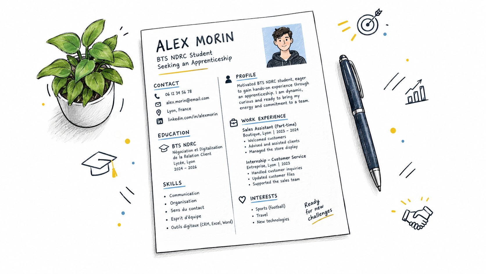 Exemple de CV moderne et illustré pour un étudiant cherchant un contrat d'alternance à Lyon, France.