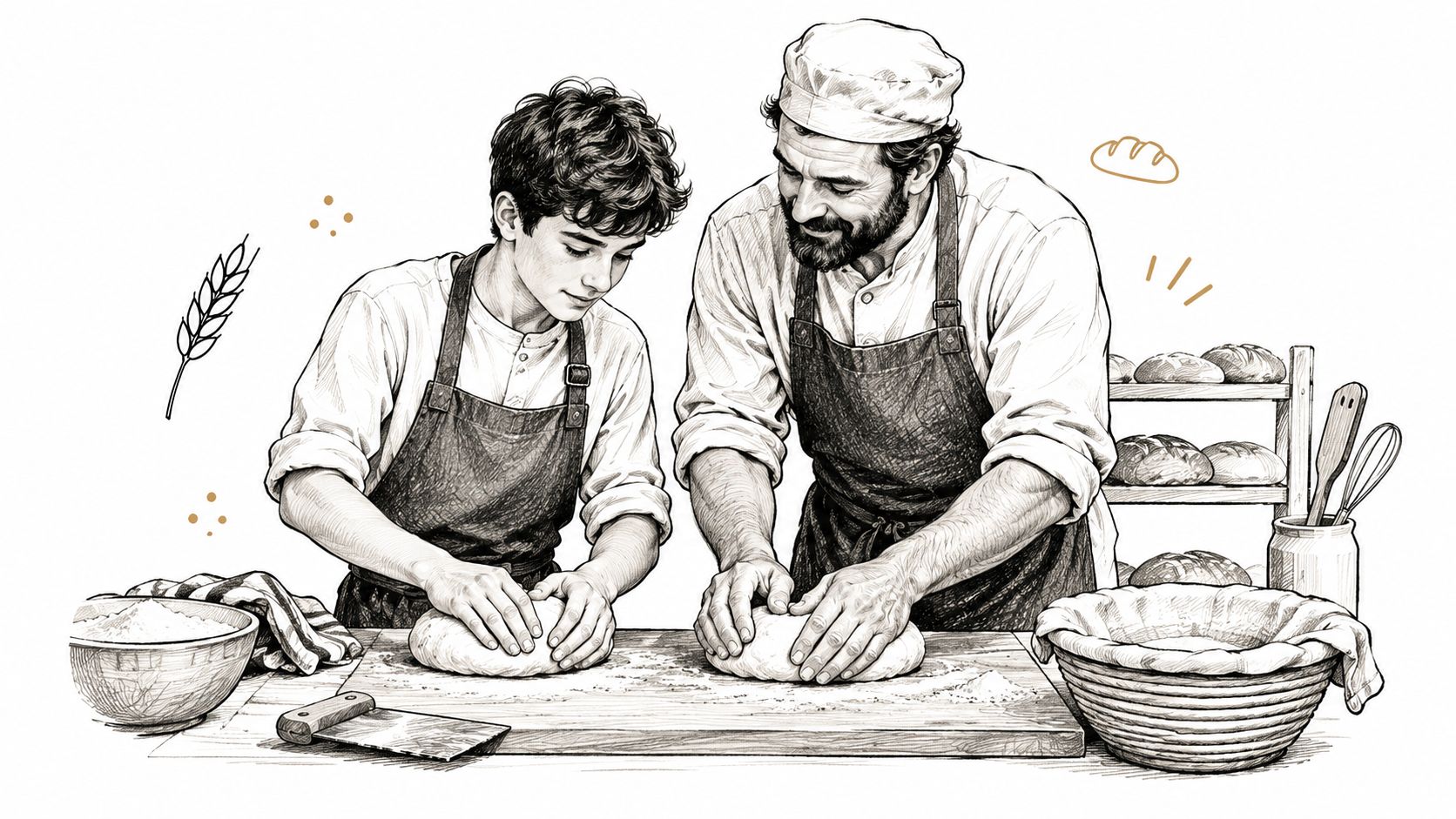 Young apprentice baker and mentor kneading dough in a traditional artisanal workshop.
