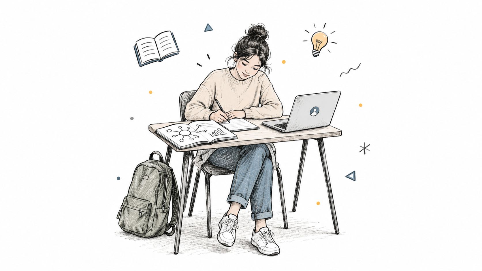 Une jeune étudiante concentrée travaillant sur son ordinateur portable et prenant des notes à son bureau.