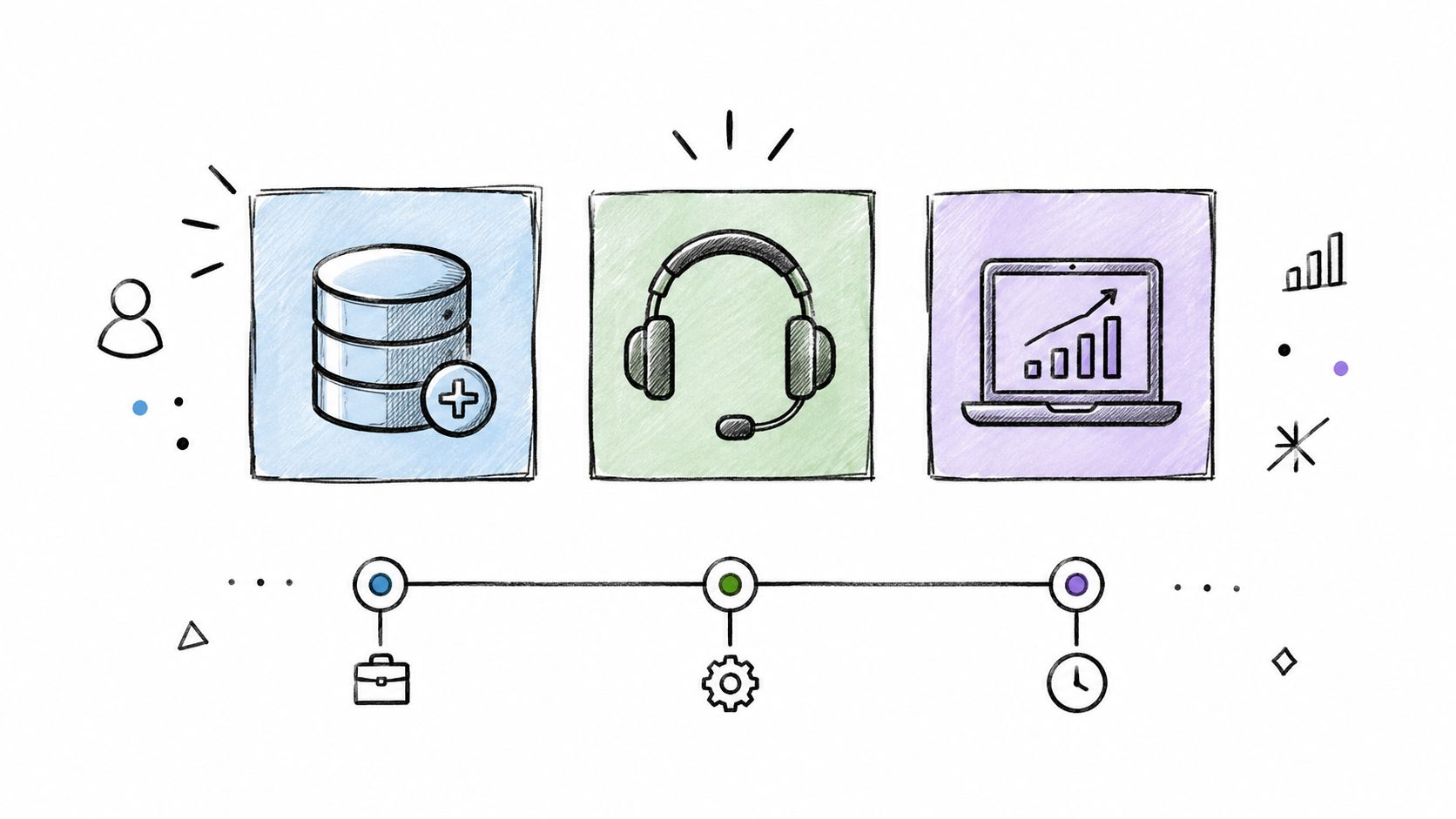 Illustration stylisée montrant des icônes de base de données, support client et statistiques pour un processus professionnel.