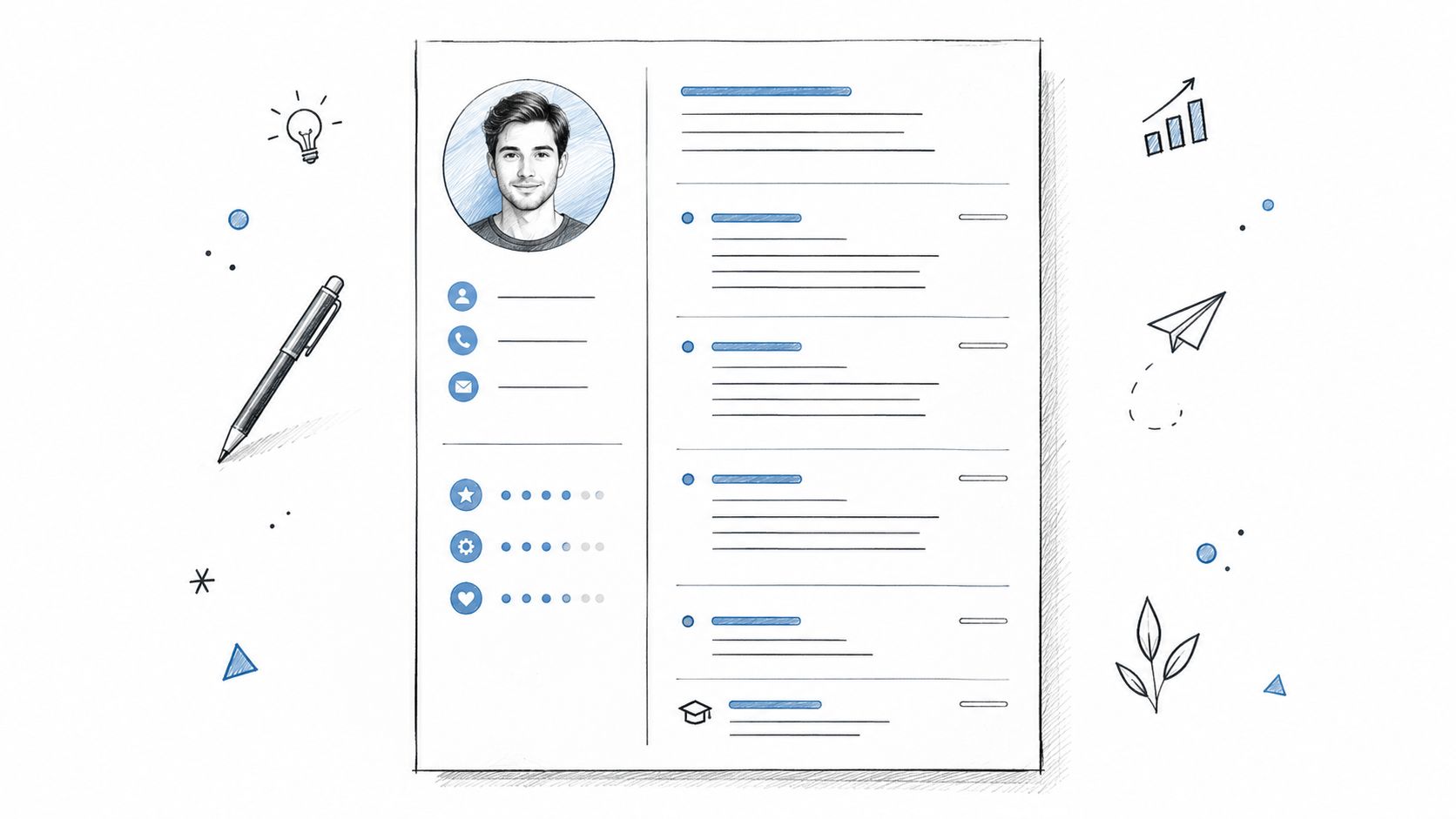 Un modèle de CV professionnel illustré avec une photo, des sections de compétences et une mise en page.