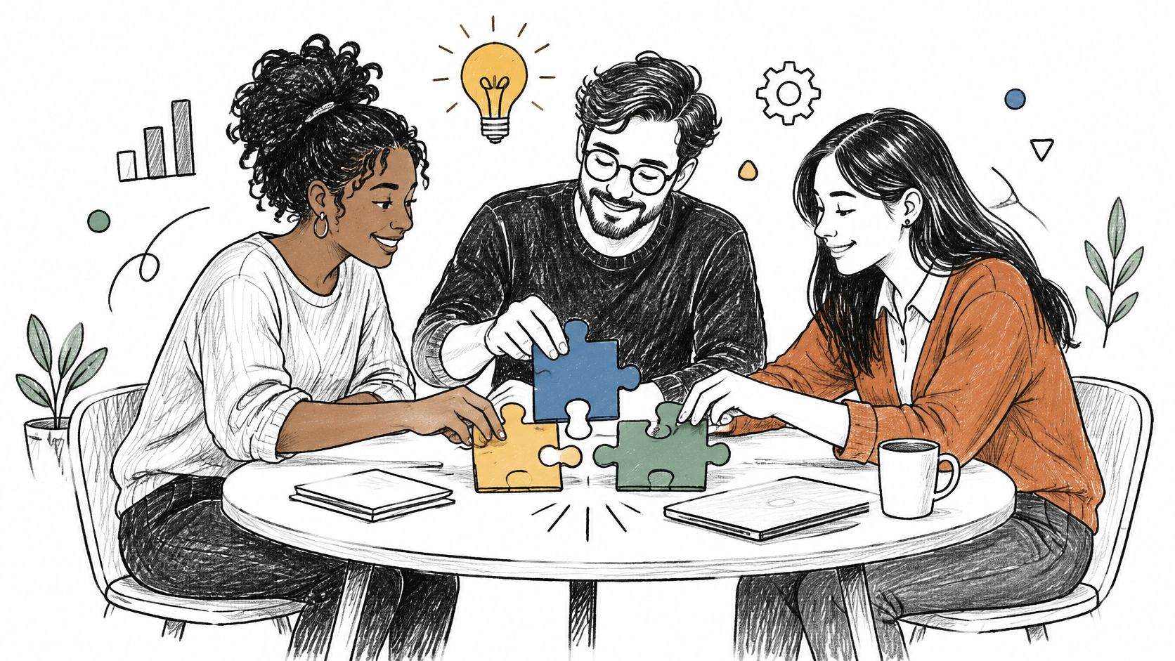 Trois collaborateurs travaillant ensemble sur un puzzle autour d'une table, favorisant l'innovation et les compétences professionnelles.