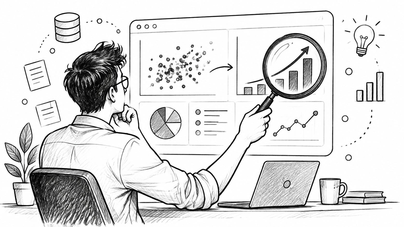 Un informaticien analyse des données et des graphiques complexes sur un tableau de bord numérique sur écran.