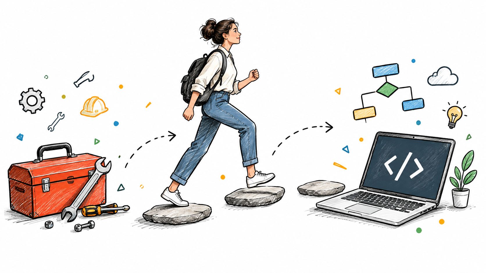 Young female student walking on stones toward a laptop symbolizing transition to IT apprenticeship.