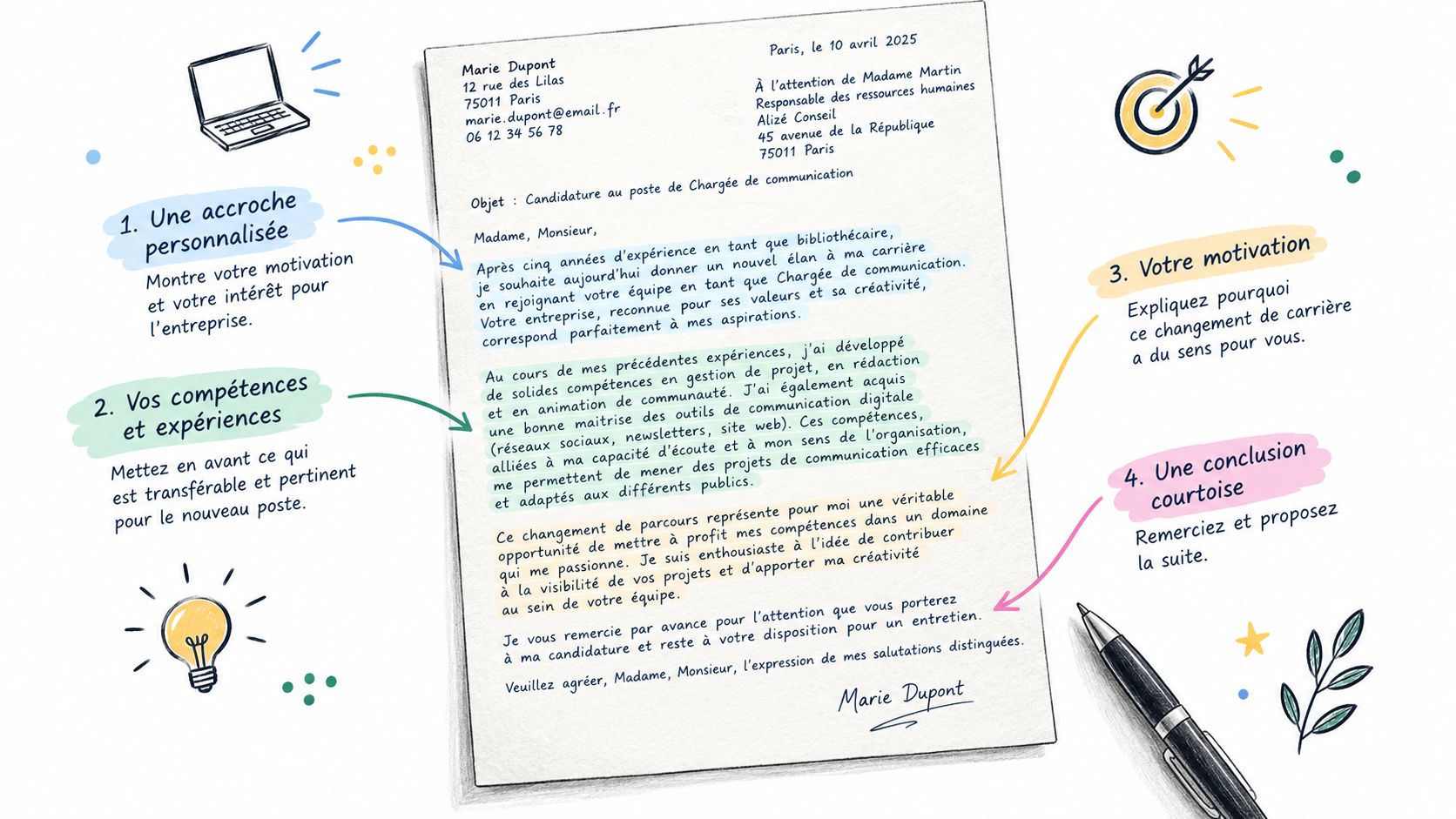 Exemple annoté de lettre de motivation pour une reconversion professionnelle, illustrant les sections clés du document.