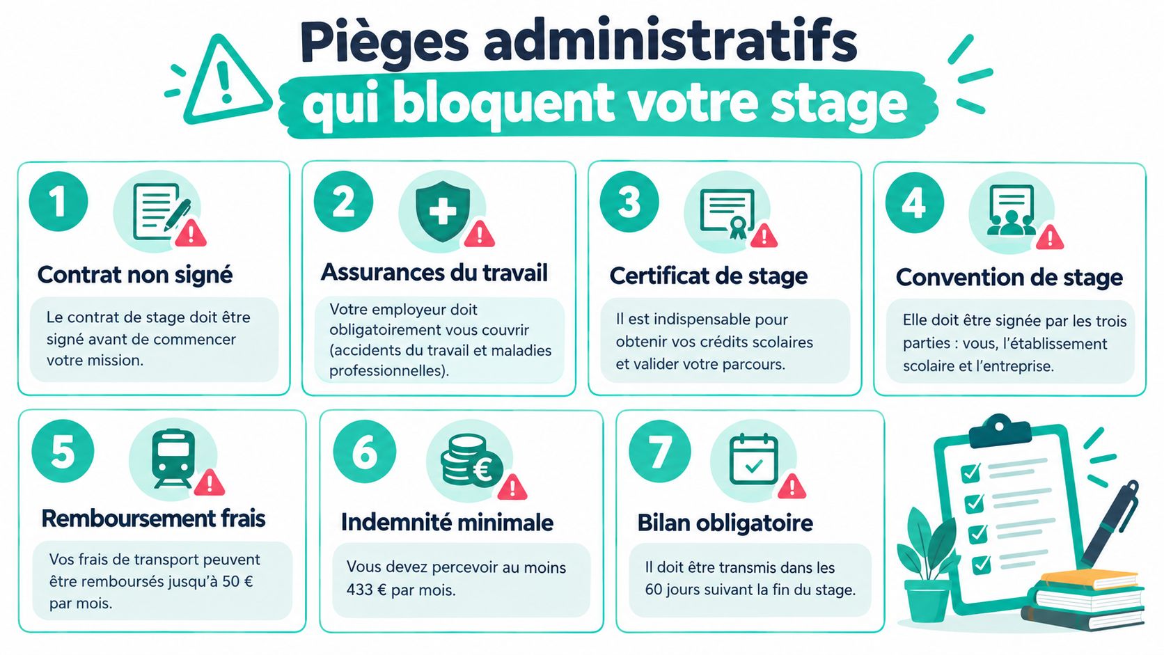 Infographie illustrant sept pièges administratifs courants qui peuvent bloquer votre stage en entreprise.