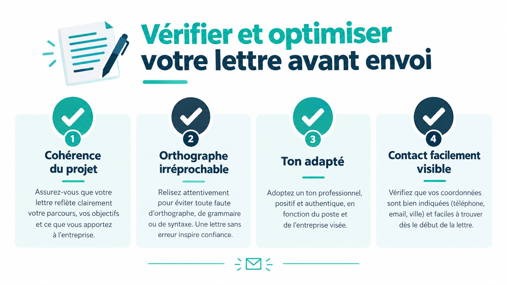 Infographie illustrant les quatre étapes essentielles pour vérifier et optimiser une lettre de motivation avant l'envoi.