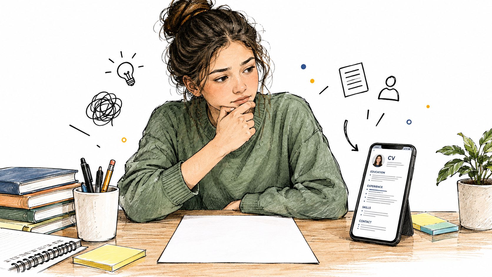 Une jeune femme pensive regarde son téléphone affichant un modèle de CV pour préparer sa candidature en alternance.