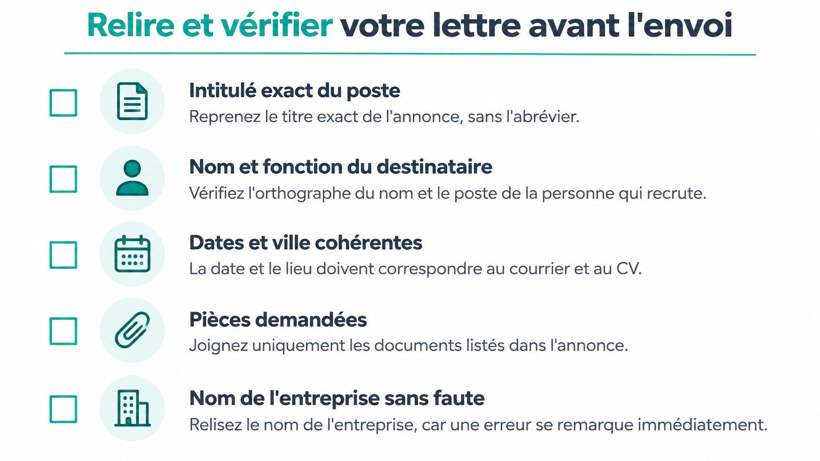 Une liste de contrôle pour relire et vérifier votre lettre de motivation avant l'envoi aux recruteurs.