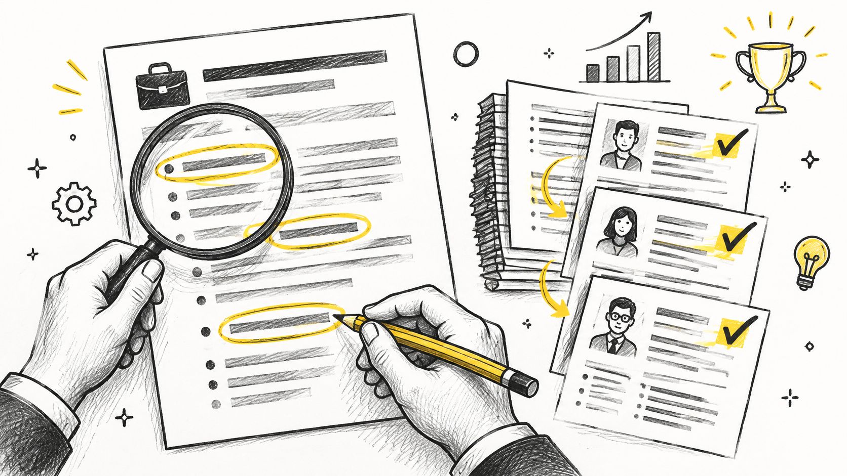 Une main examinant des CV à la loupe et une autre main soulignant des compétences professionnelles importantes.