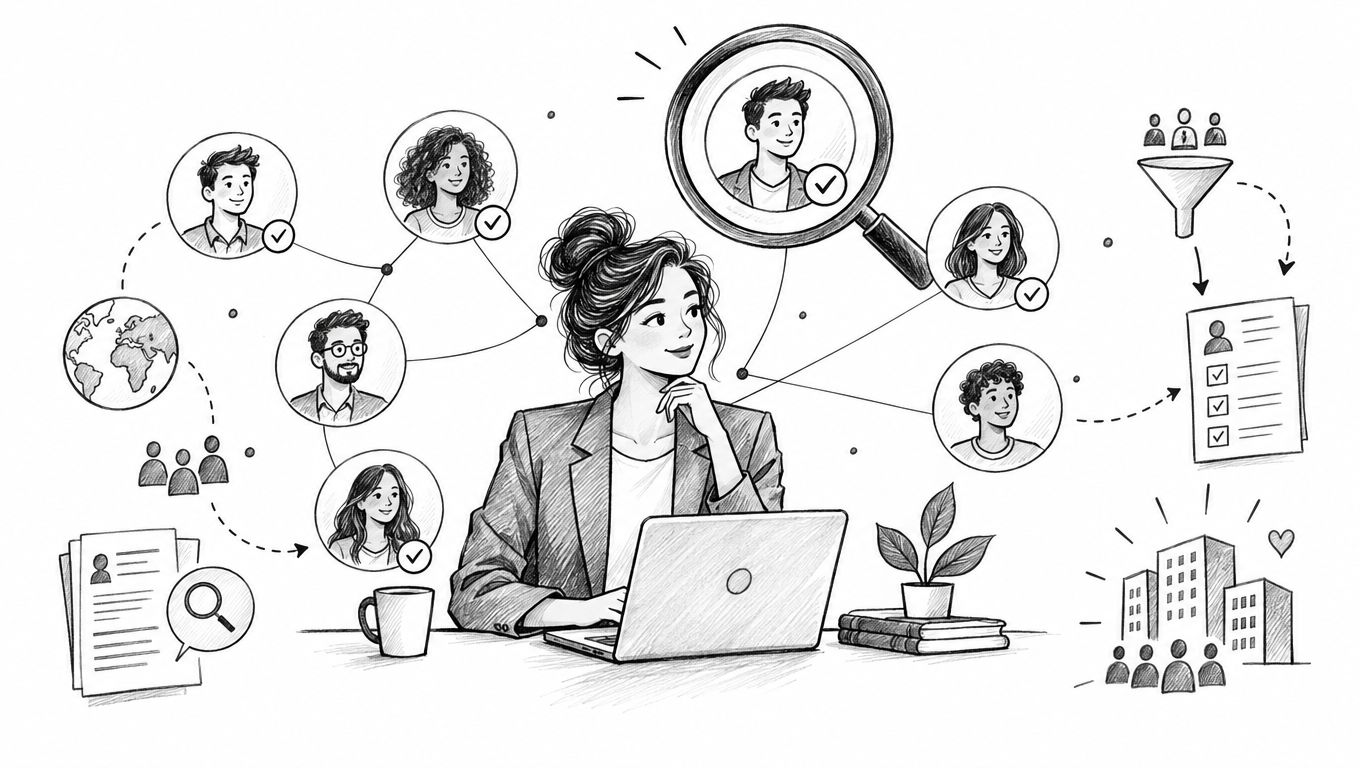 Una professionista HR usa il computer per selezionare candidati qualificati.