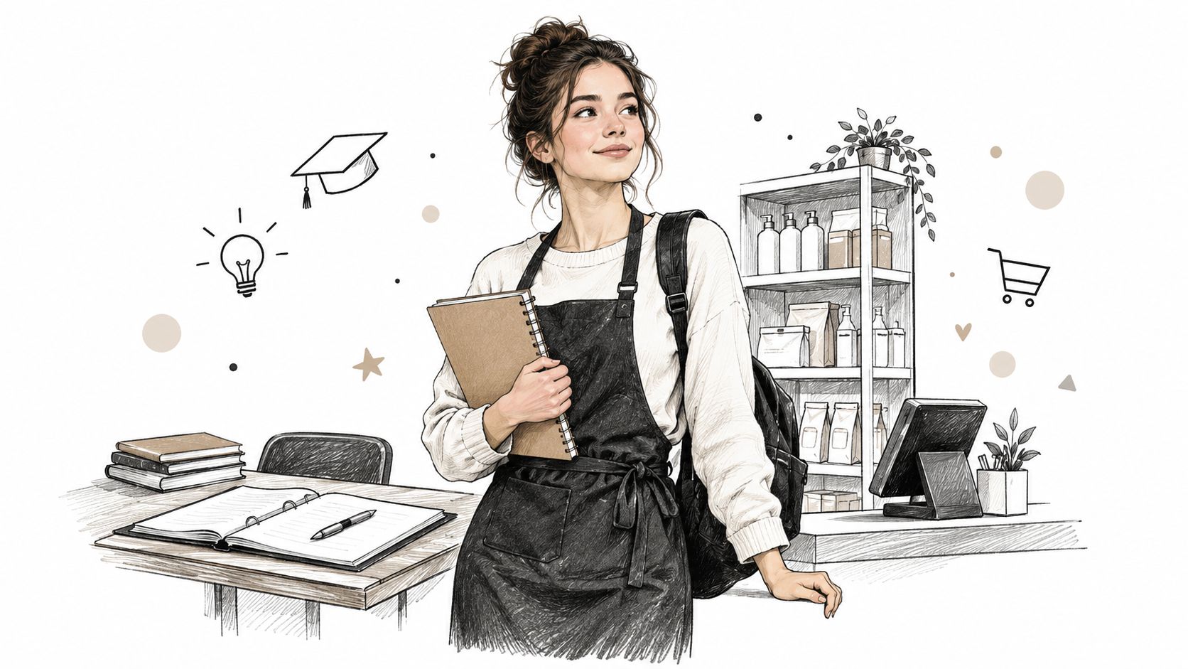 Young female student wearing an apron, holding a notebook, working in a store or café.
