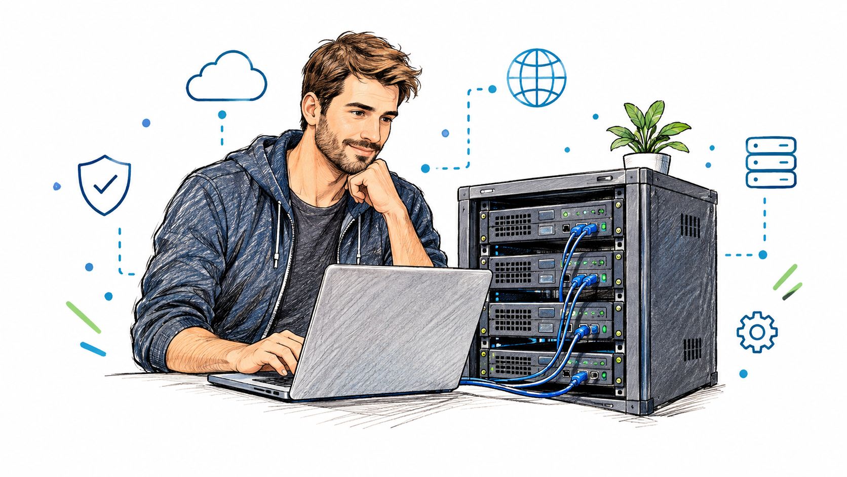 Un informaticien souriant travaille sur son ordinateur portable devant un serveur informatique connecté dans un bureau.