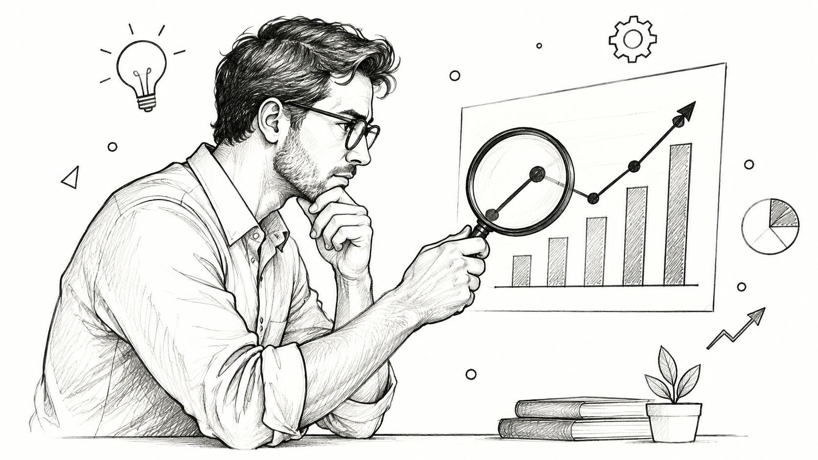Homme d'affaires pensif examinant un graphique de croissance avec une loupe, entouré d'icônes d'analyse de données.