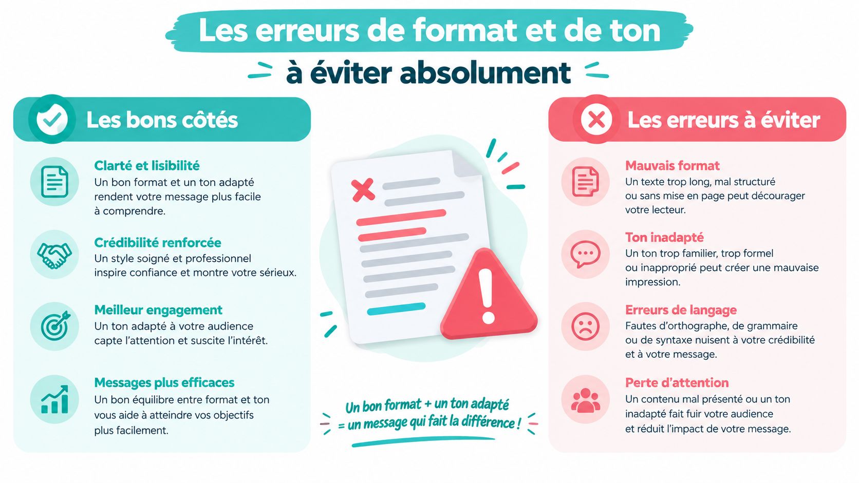 Une infographie montrant l'importance d'un bon format et d'un ton adapté pour la communication écrite professionnelle.