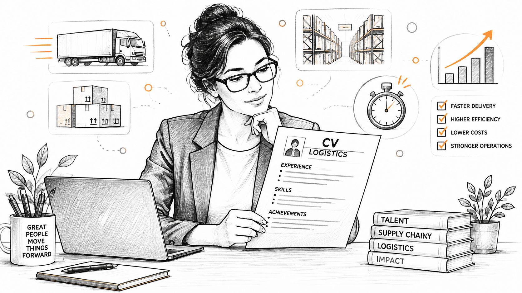 Une professionnelle examinant un CV dans un bureau avec des icônes illustrant la gestion logistique et l'optimisation.
