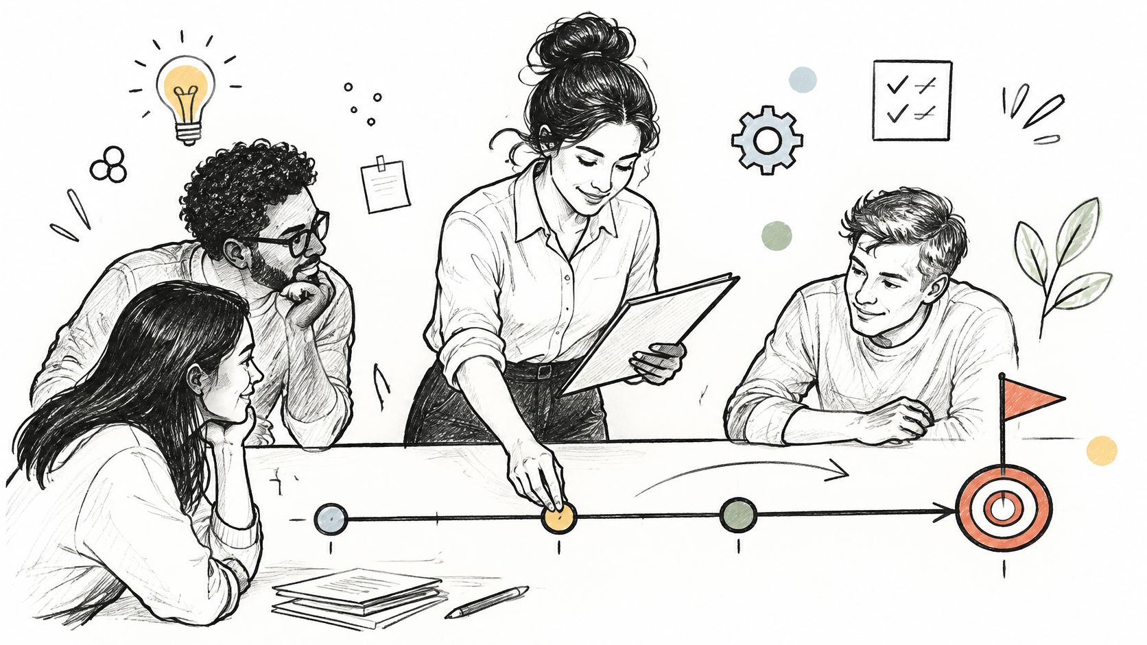 Une équipe professionnelle collaborative travaillant ensemble sur une stratégie de projet avec des objectifs clairement définis