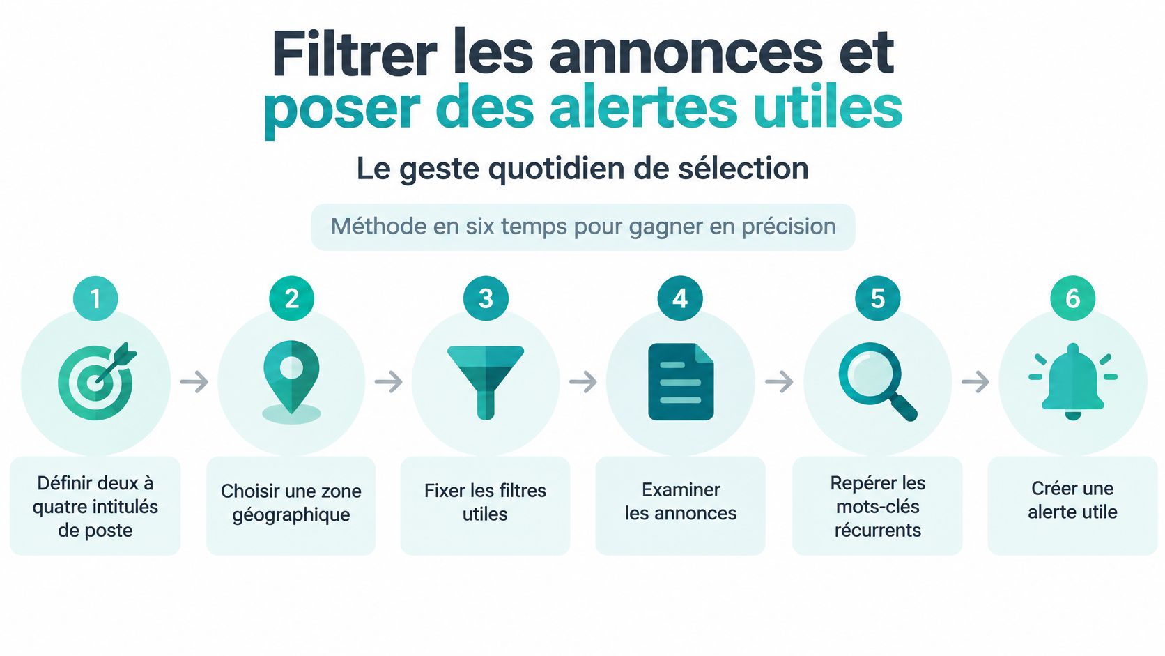 Une infographie en six étapes expliquant comment filtrer des annonces d'emploi et configurer des alertes efficaces quotidiennement.