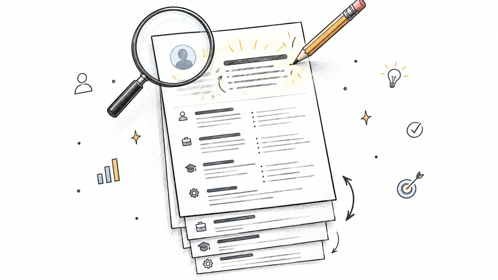 Illustration showing a resume being edited with a magnifying glass and pencil, drawn style.