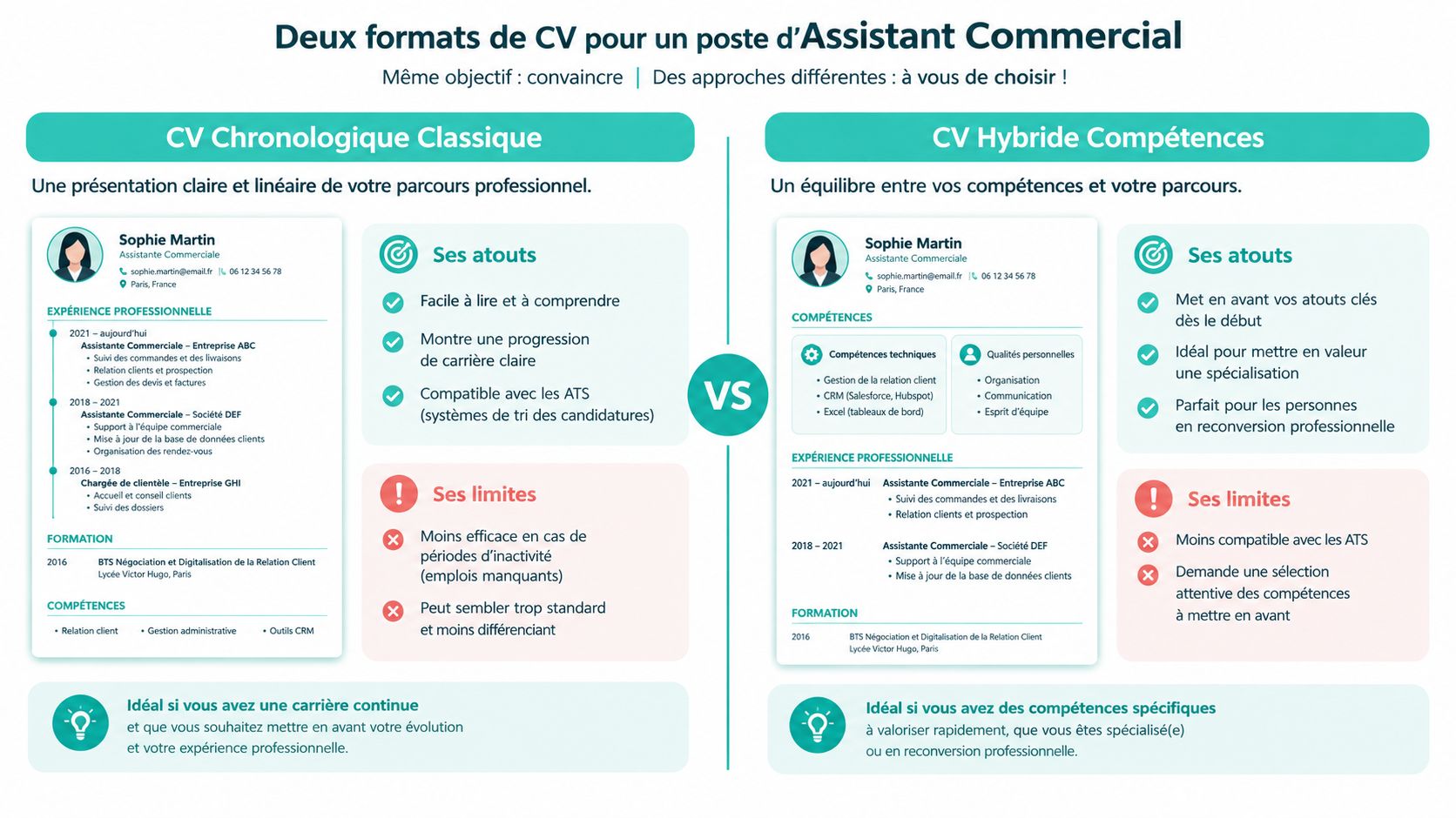 Infographie comparant deux formats de CV, chronologique et hybride, pour un poste d'assistante commerciale en France.