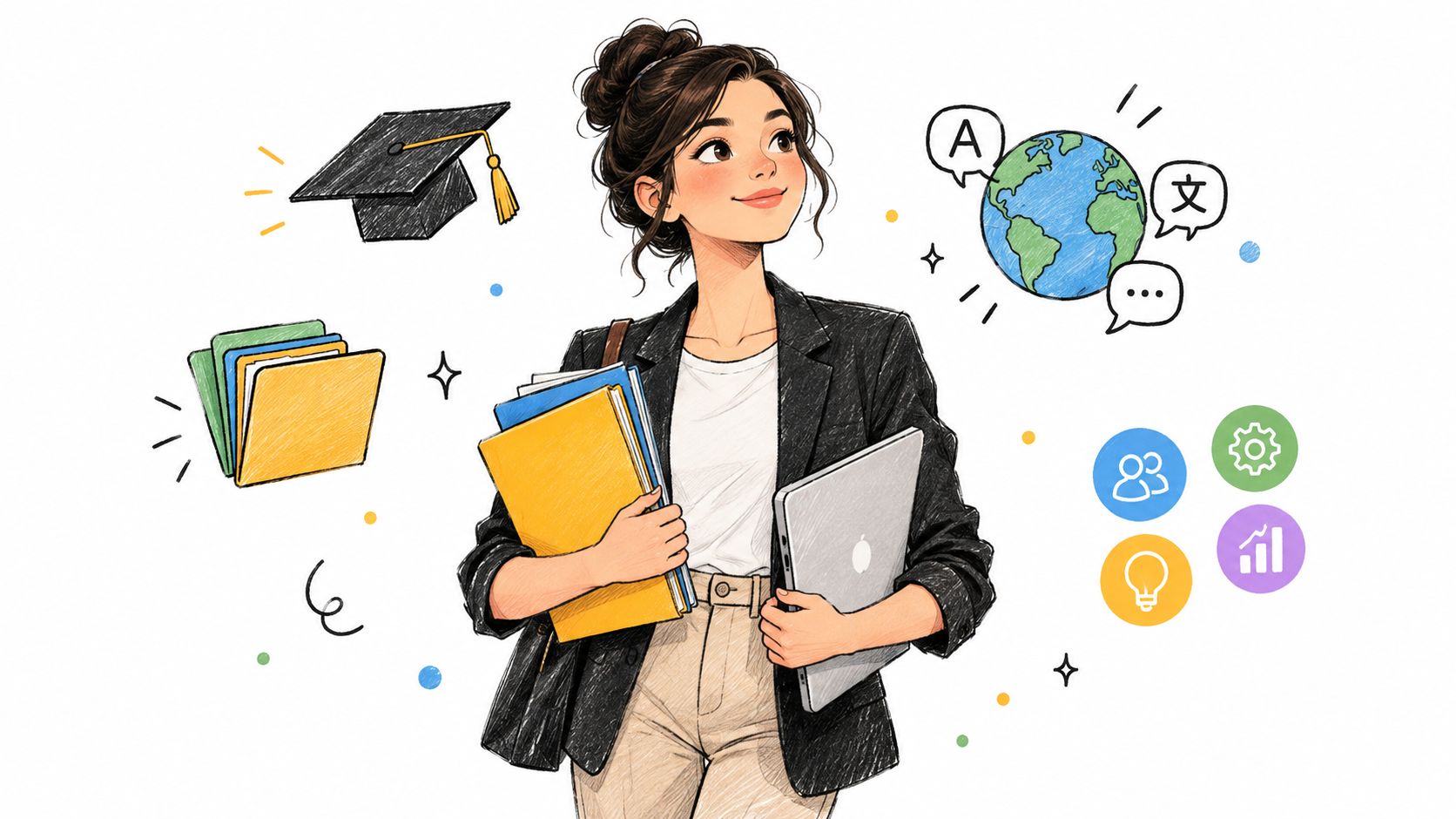 Una giovane professionista sorridente con documenti e laptop, circondata da icone HR.