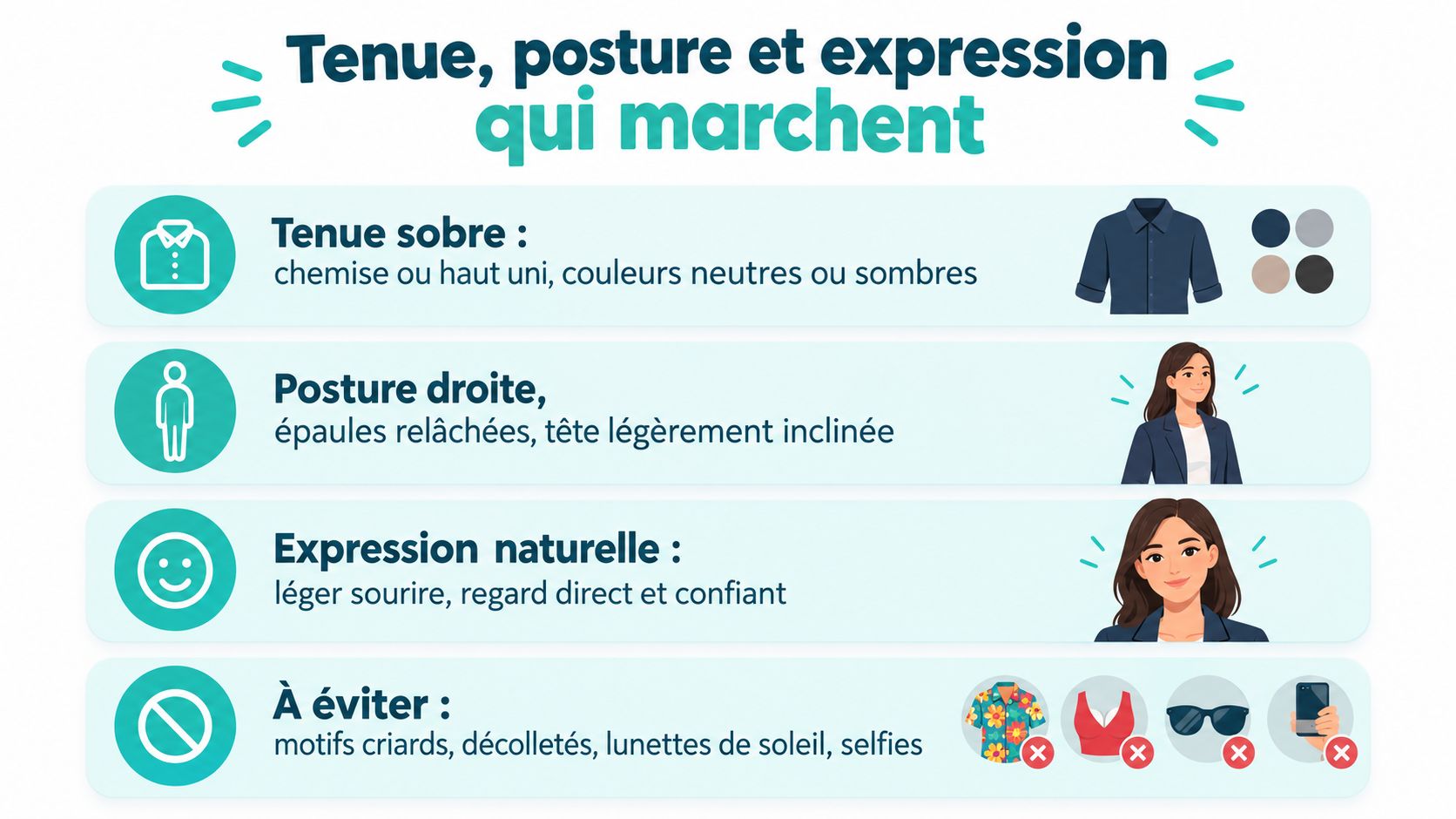 Conseils visuels pour une photo de CV réussie incluant la tenue vestimentaire, la posture et l'expression faciale.