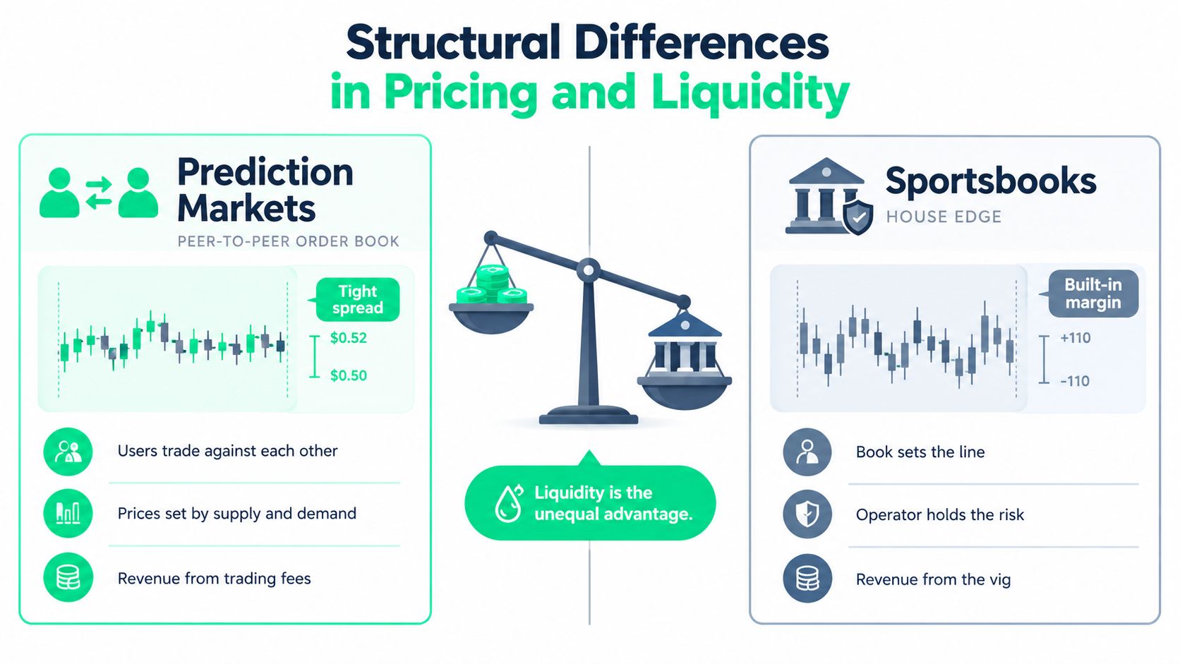 A comparative infographic showing the structural differences in pricing and liquidity between prediction markets and traditional sportsbooks.