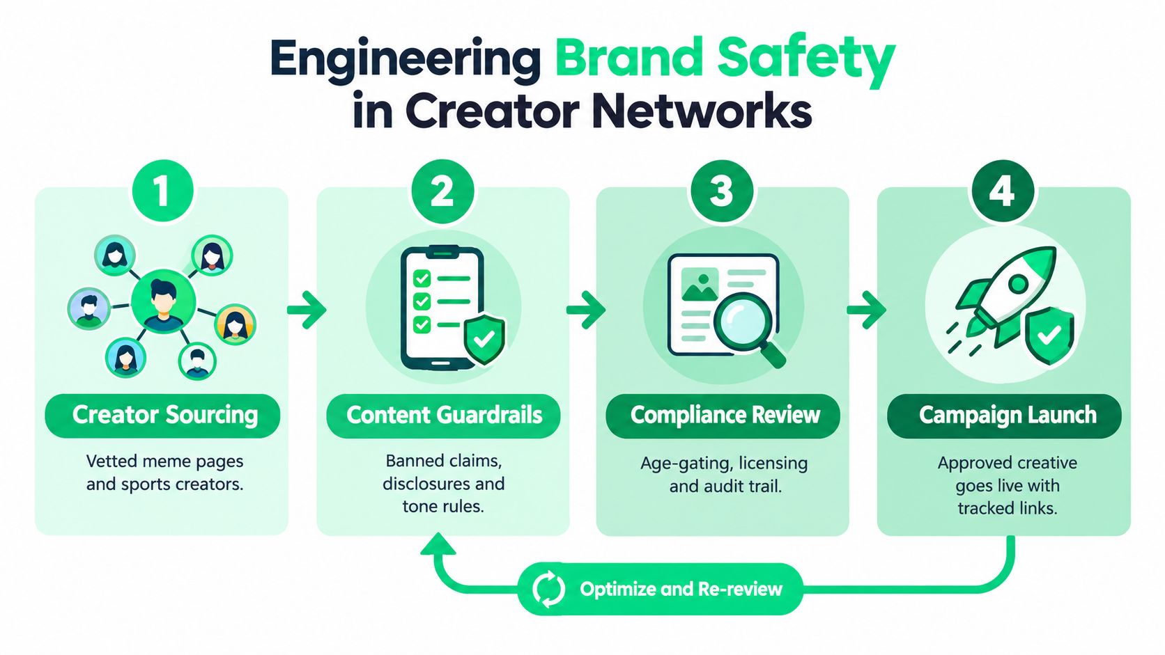 An infographic showing the four-step process for engineering brand safety in creator networks for digital marketing campaigns.