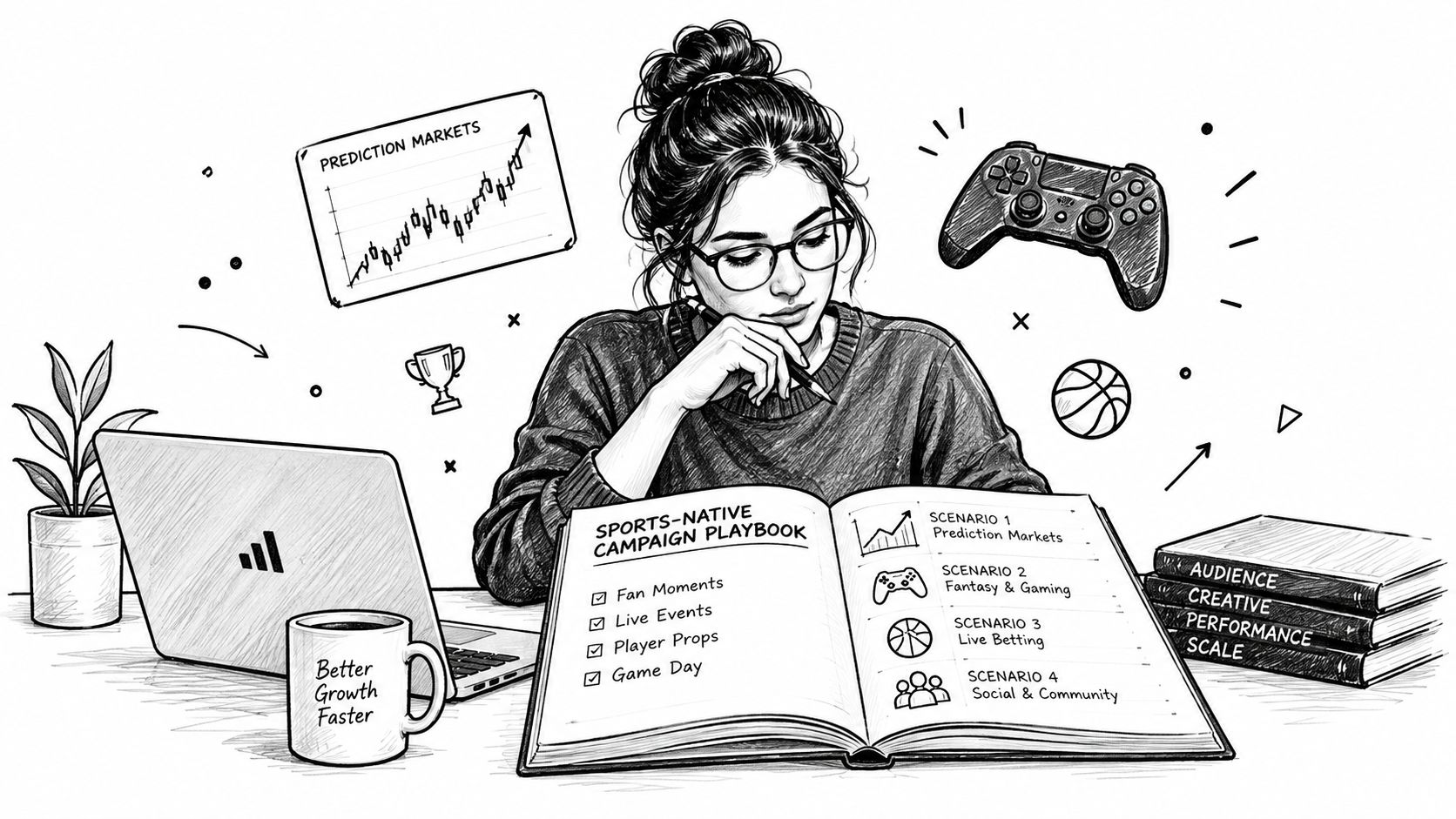 A sketched illustration of a woman studying a sports-native campaign playbook with gaming and sports imagery.