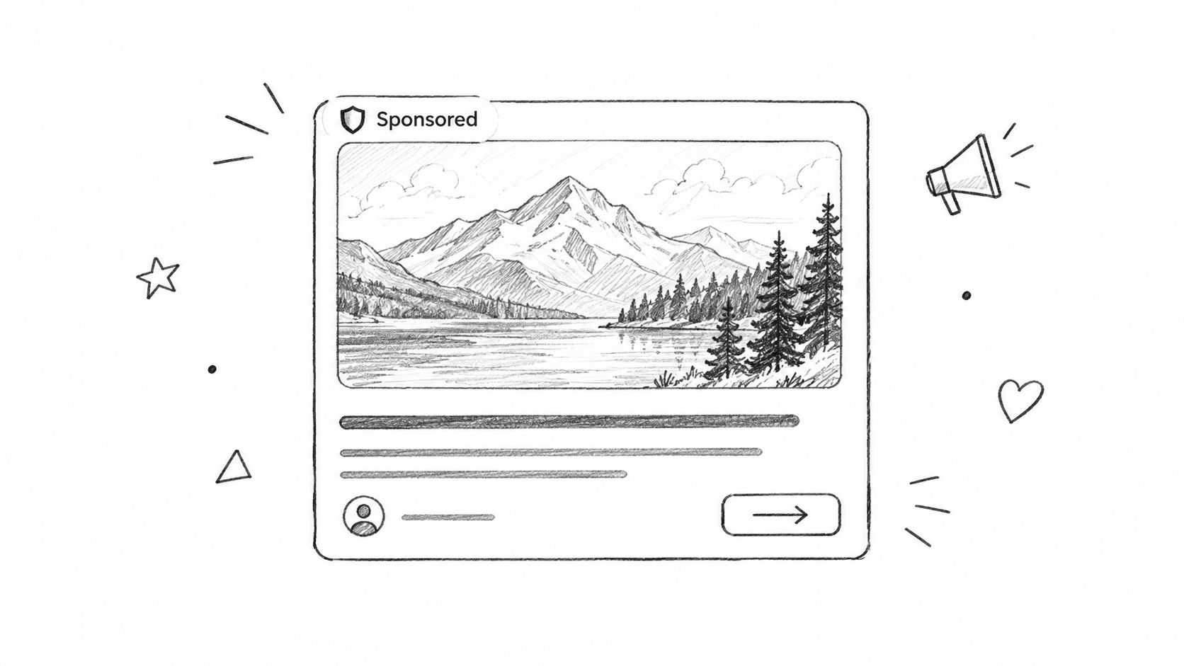 A hand-drawn sketch of a sponsored social media post featuring a scenic mountain and lake landscape illustration.