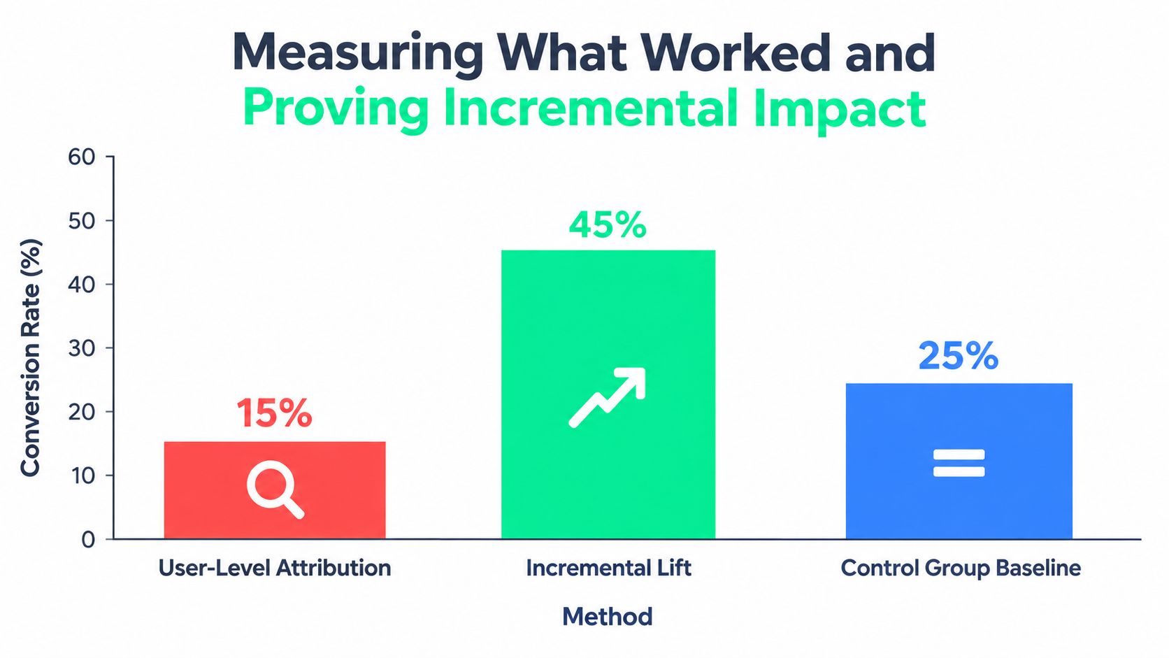 A bar chart comparing conversion rates between user-level attribution, incremental lift, and control group baseline measurement methods.