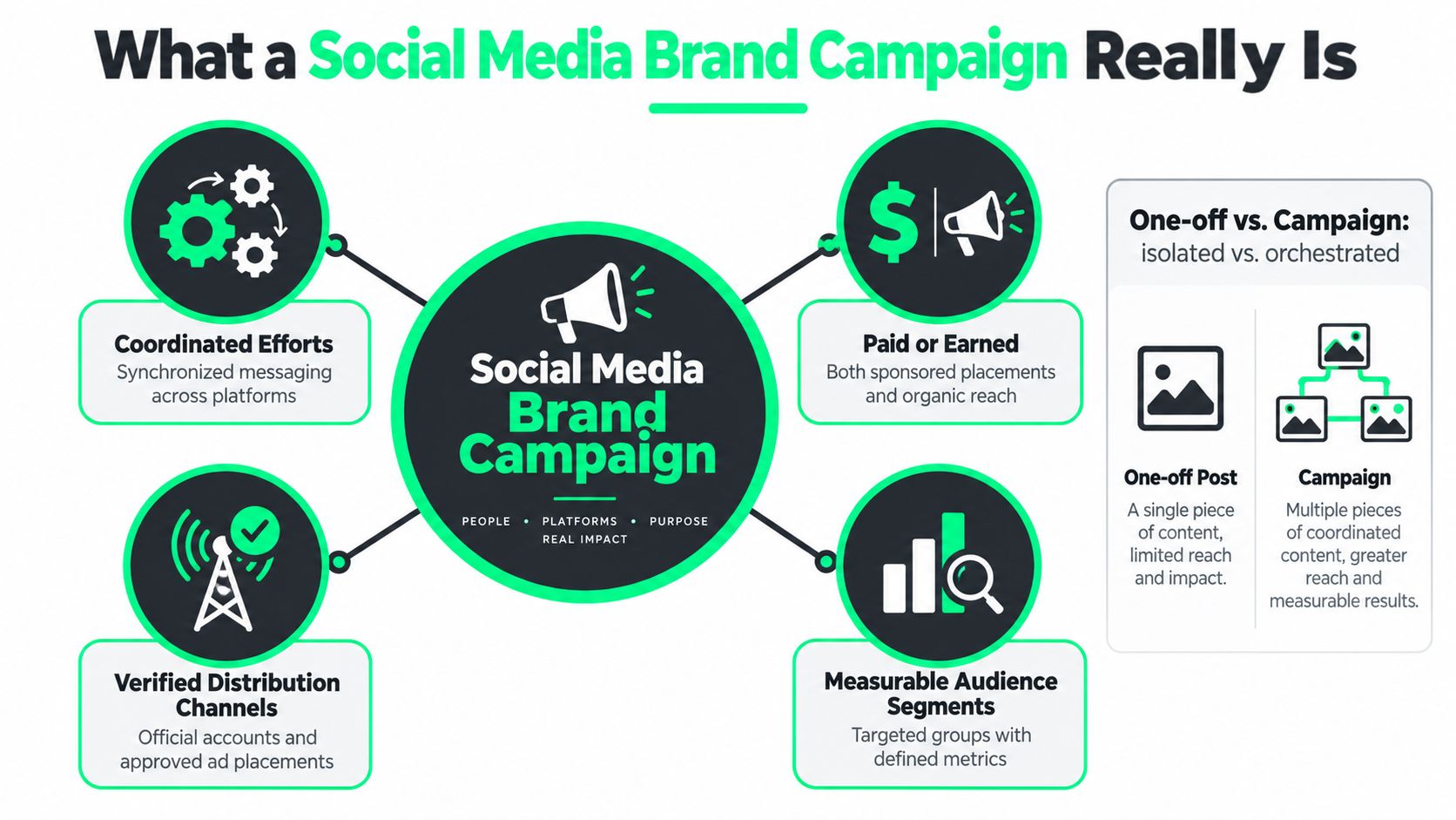 An infographic illustrating key components of a successful social media brand campaign including coordinated efforts and metrics.