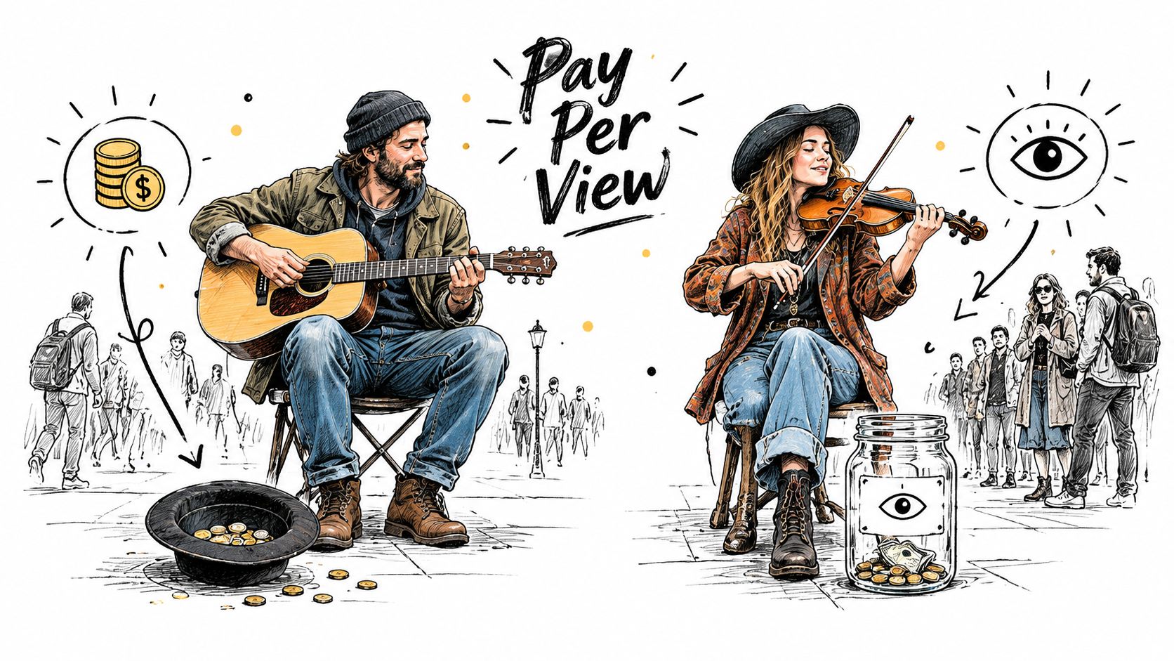 A digital illustration showing a street musician with guitar and a violinist with a glass tip jar.