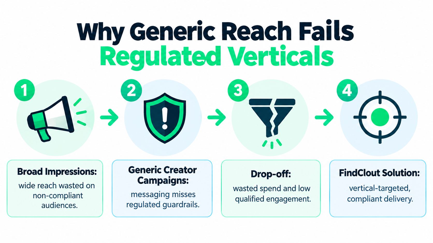 A diagram illustrating why generic marketing reach fails for regulated industries and highlighting the FindClout solution.