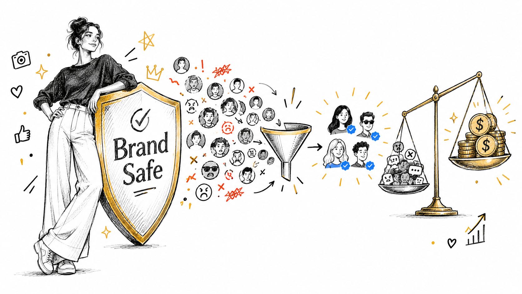 An illustration showing a woman leaning on a Brand Safe shield filtering social media audience into profit.