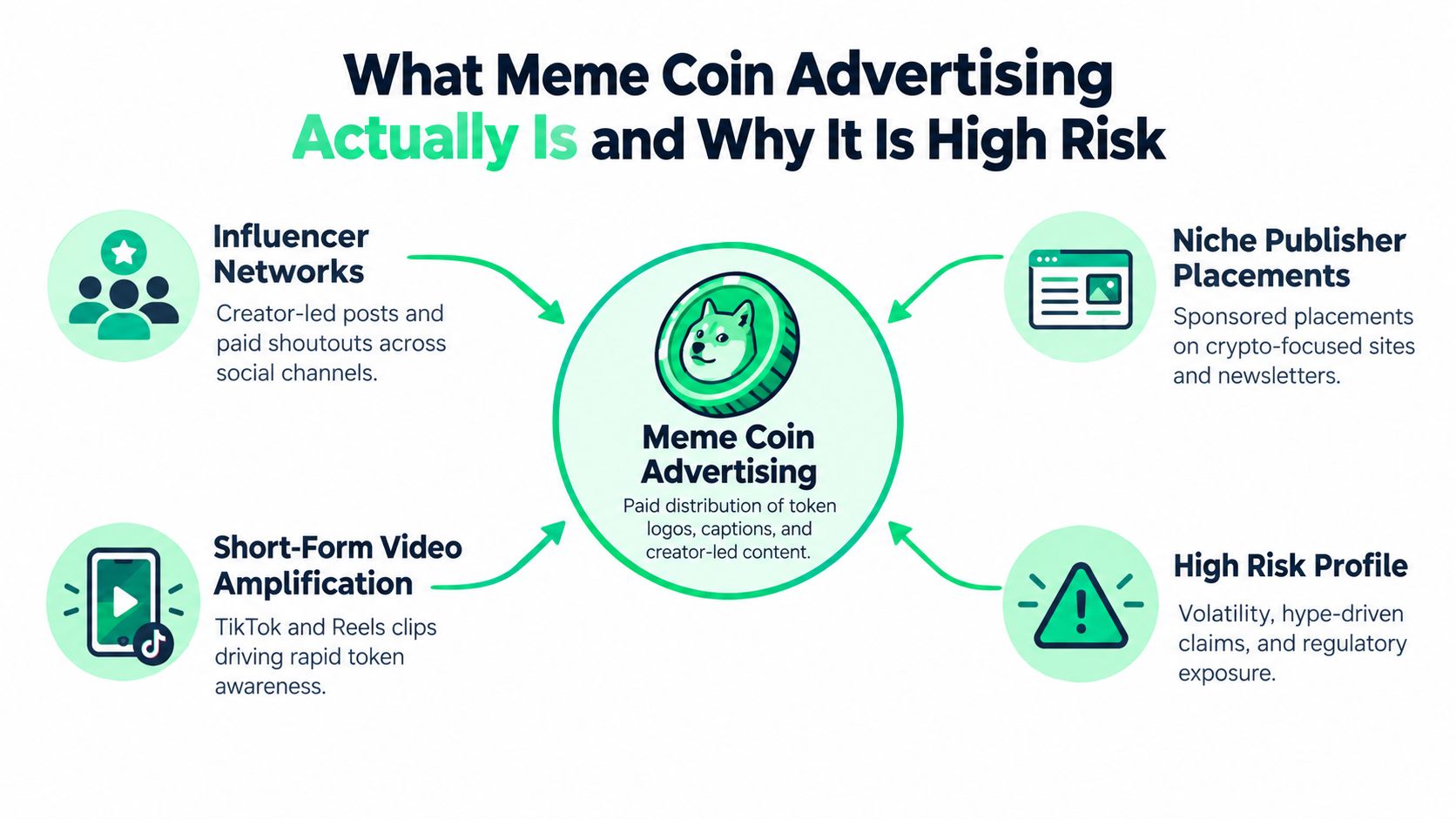 A diagram explaining meme coin advertising, detailing influencer networks, video amplification, niche publisher placements, and high risk profiles.