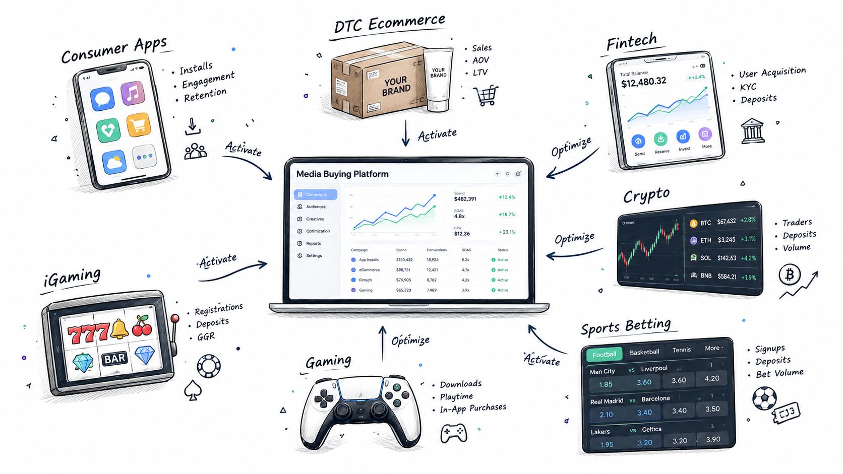 A diagram illustrating how a central media buying platform manages campaigns for various industries like ecommerce and gaming.