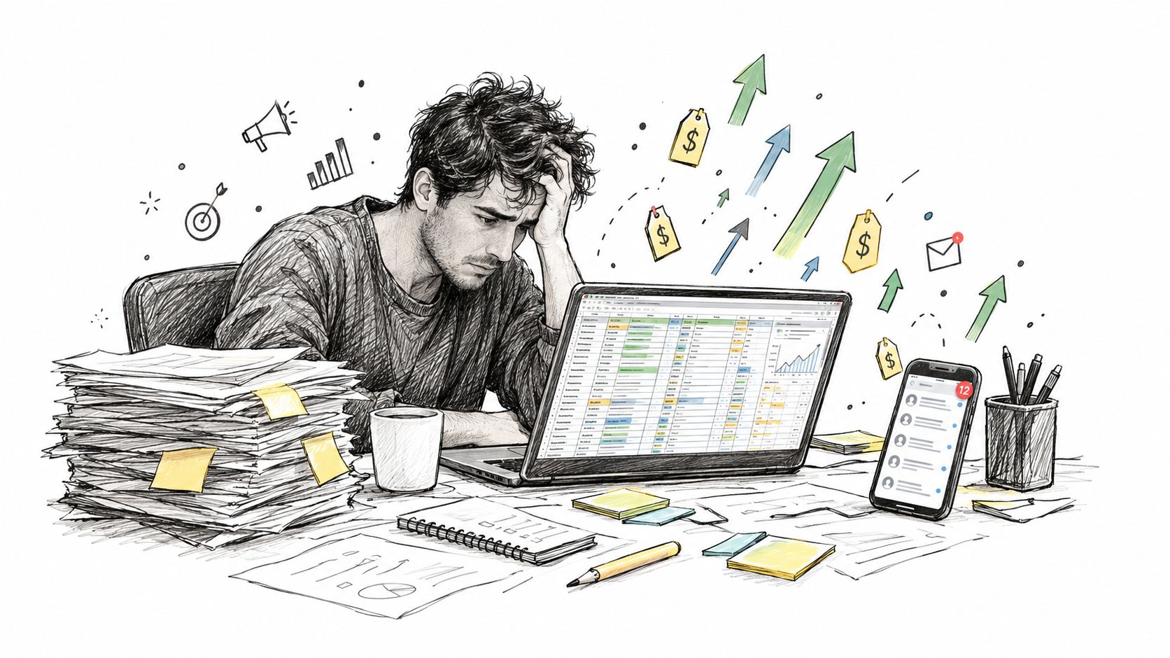 A stressed man working at a desk filled with paperwork, laptop spreadsheets, and digital financial notifications.