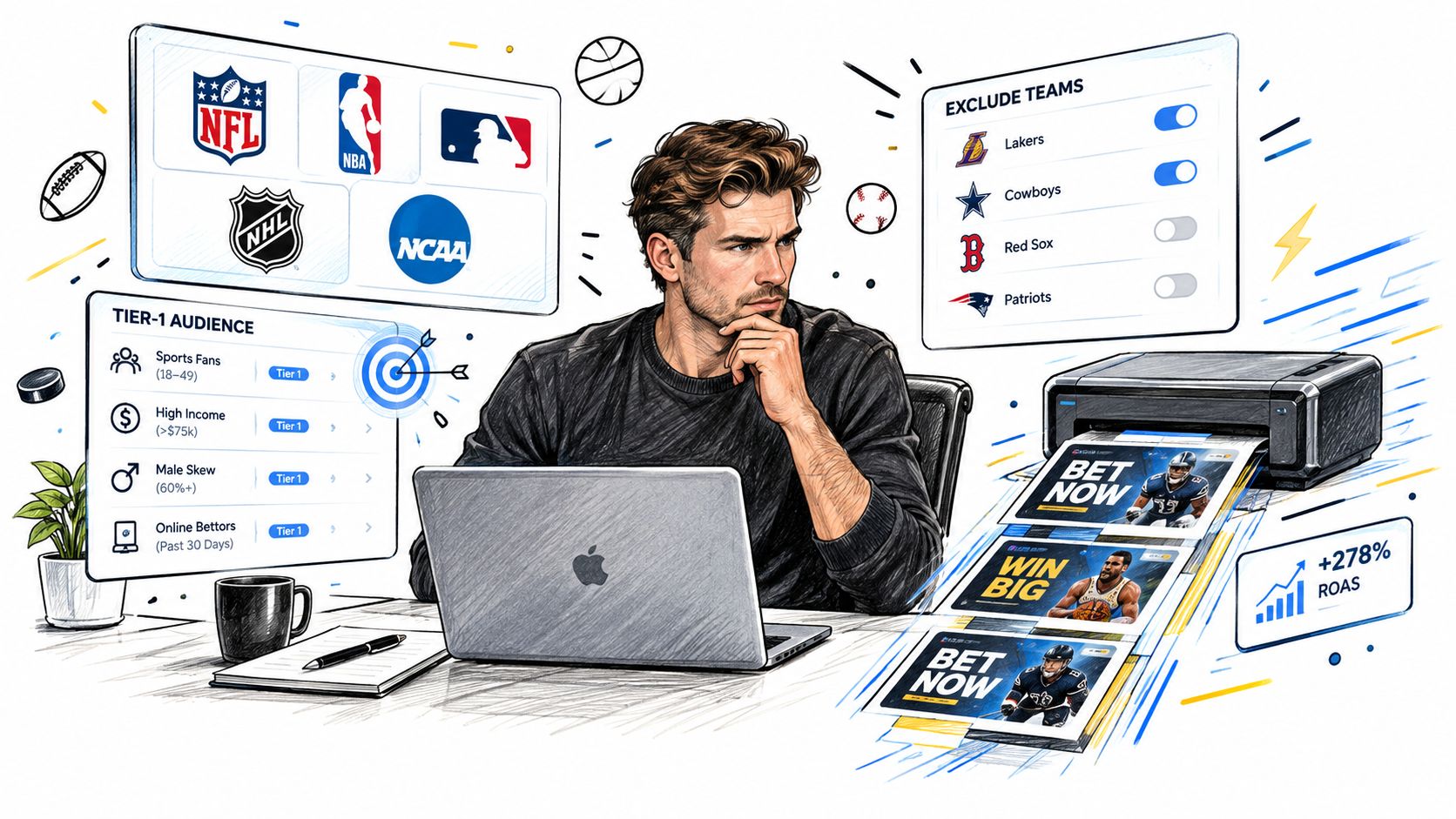 A professional analyzing sports betting marketing data on a laptop with audience targeting and exclusion tools.