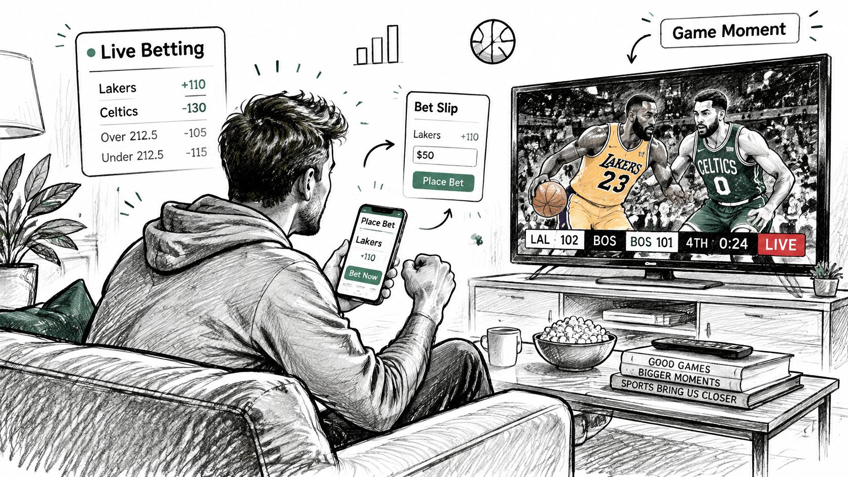 A person on a sofa using a mobile app for live sports betting while watching basketball.