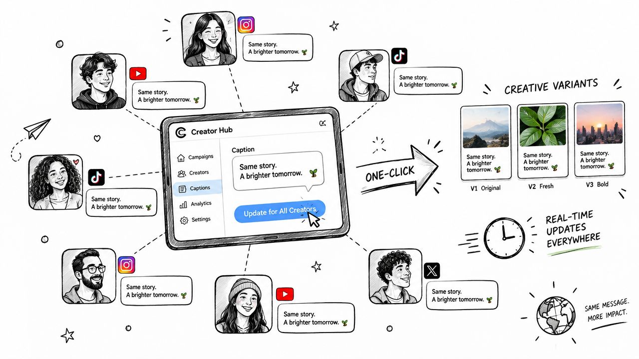 A digital illustration showing a central Creator Hub platform updating content across multiple social media creator channels.