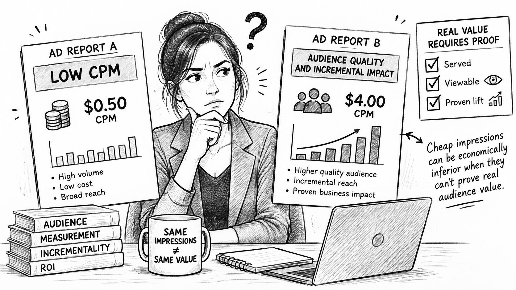A professional comparing low-cost ads with high-value audience quality reporting to determine true marketing ROI.