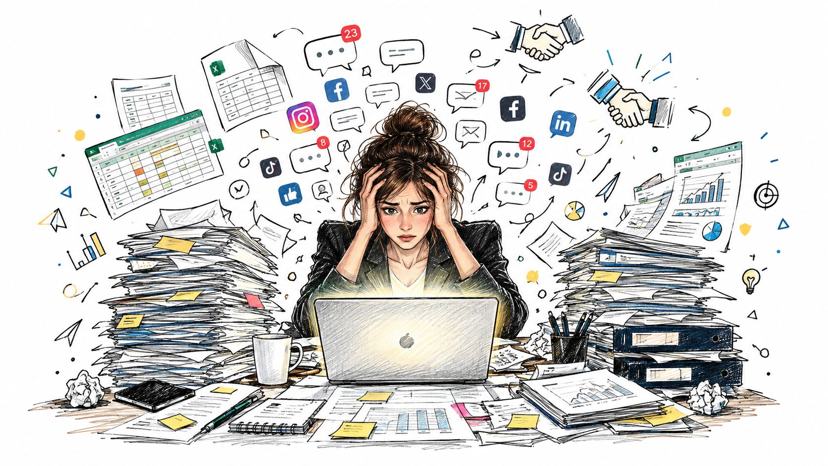 A stressed woman working on a laptop surrounded by large piles of paperwork and social media notifications.