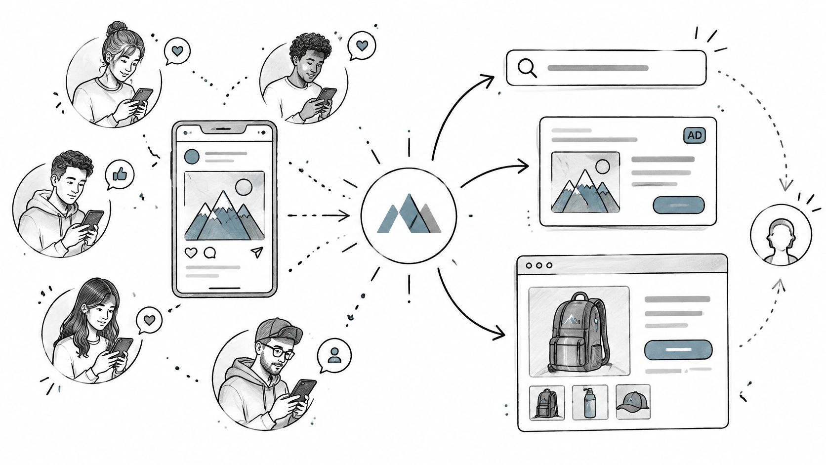 A hand-drawn illustration showing how social media engagement connects users to search, advertisements, and e-commerce websites.
