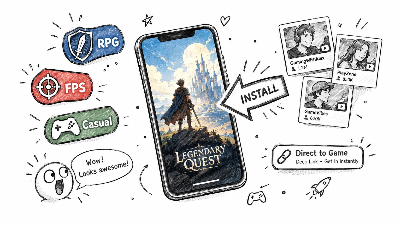 A hand-drawn illustration showing a smartphone promoting the game Legendary Quest with various marketing engagement elements.