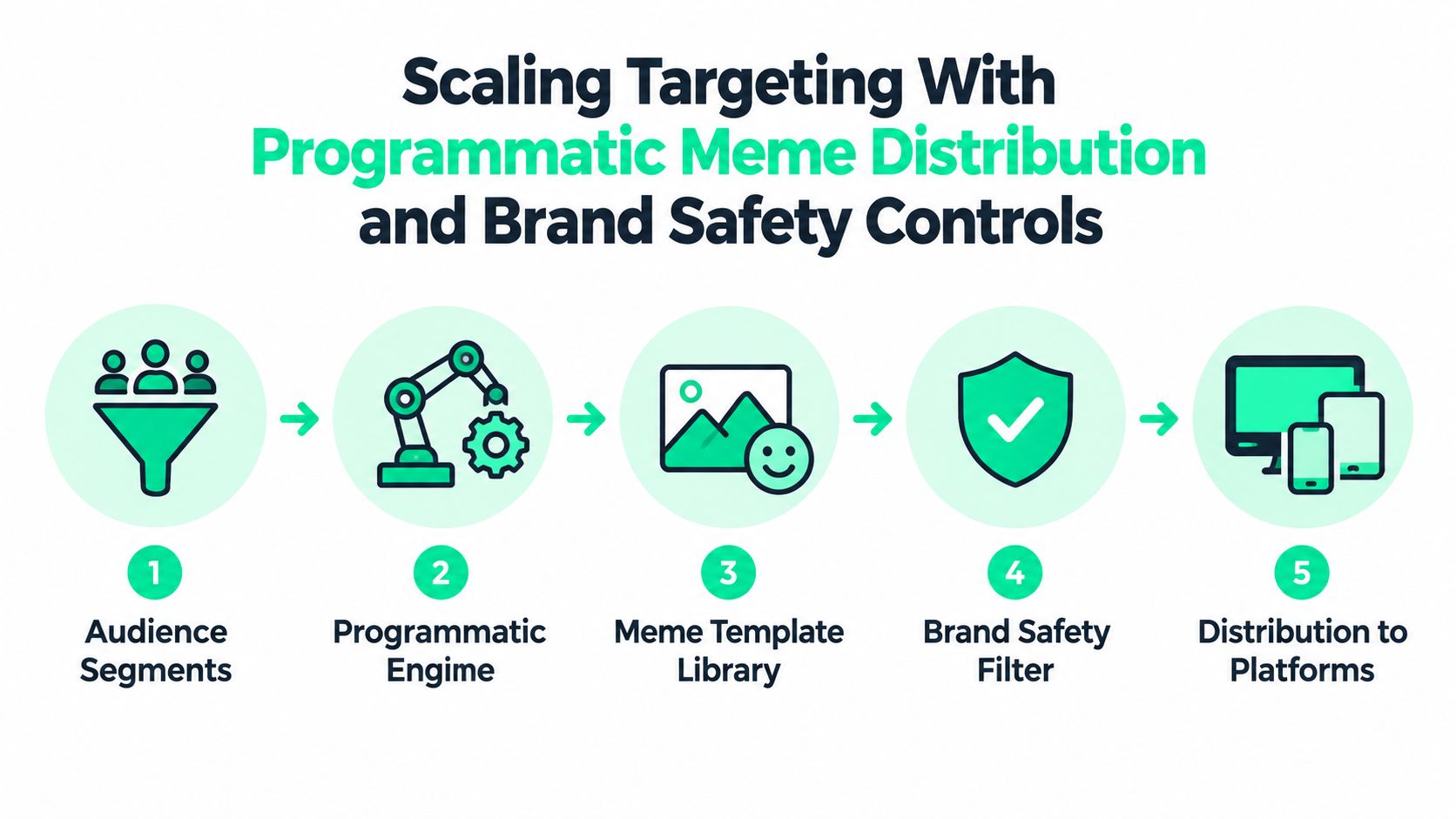 A five-step infographic illustration explaining the process of scaling audience targeting with programmatic meme distribution strategies.