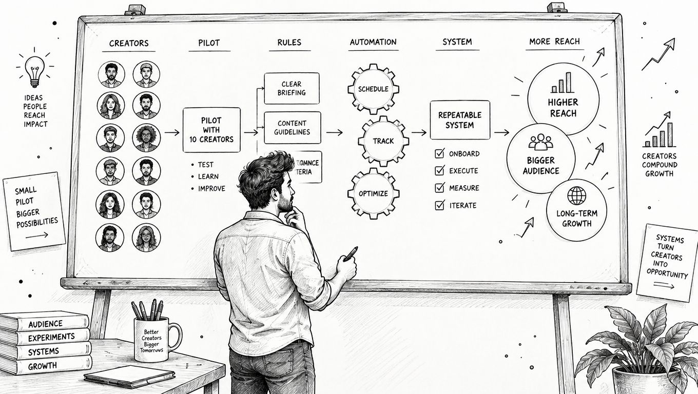 A person standing in front of a whiteboard illustrating a step-by-step strategy for creator-led growth programs.