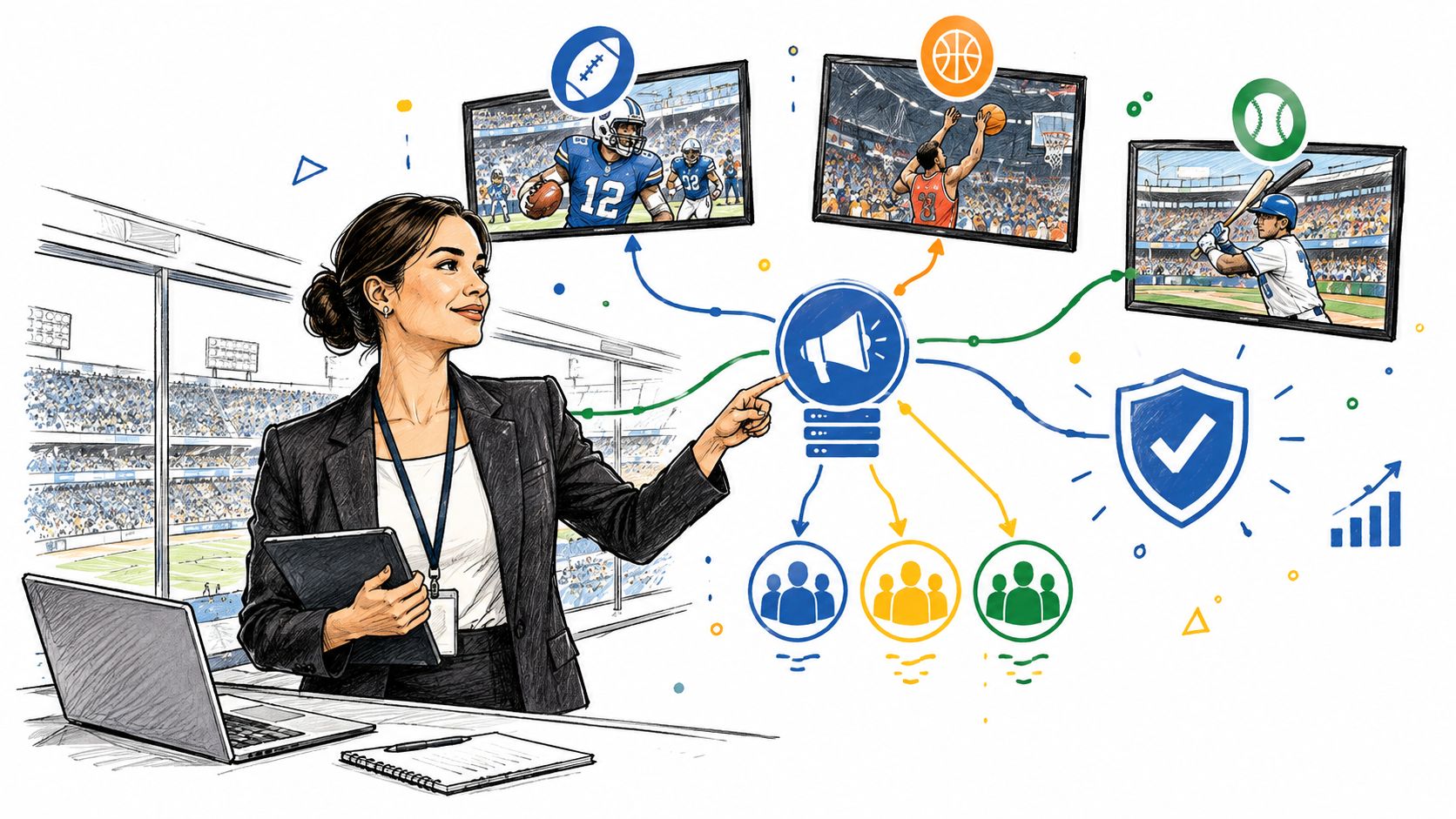 A professional woman presenting a content discovery platform connecting sports broadcasts to targeted audiences.