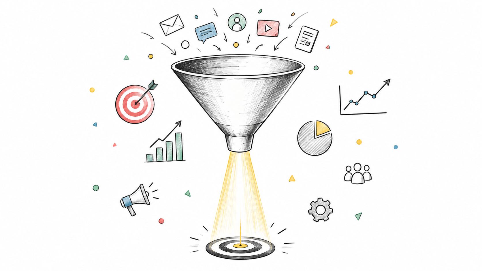 A conceptual hand-drawn illustration showing a funnel directing various digital marketing icons towards a single target.